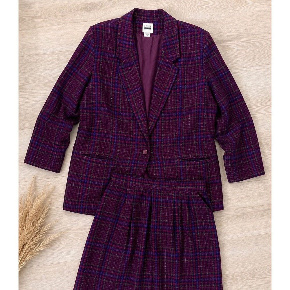 Vintage Leslie Fay Wool Plaid Skirt Suit Women's Size‎ 18 Purple Career 2 Piece